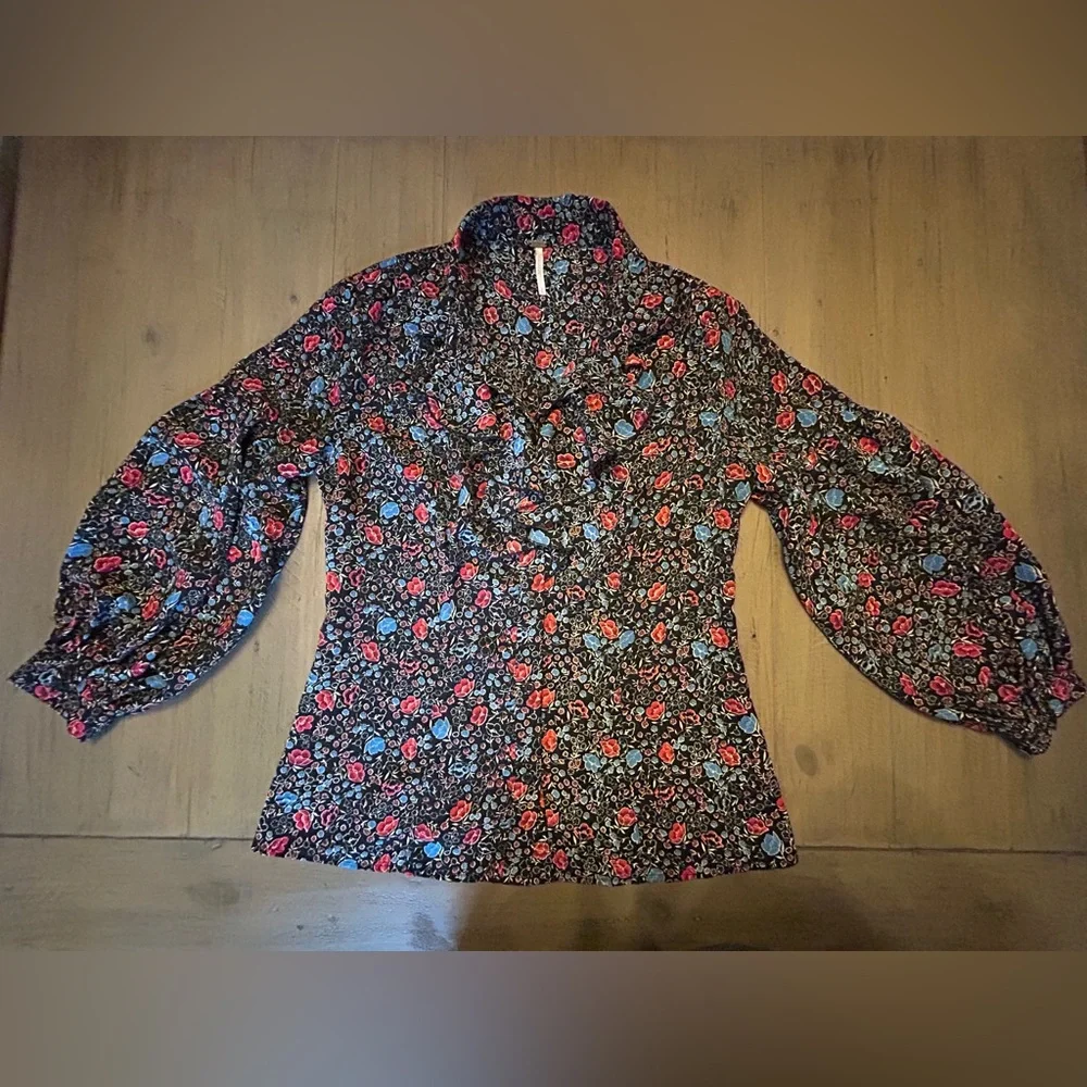 Free People Boho Floral Print Ruffle Neck Bishop Sleeve Blouse, Size Small - Picture 2 of 9